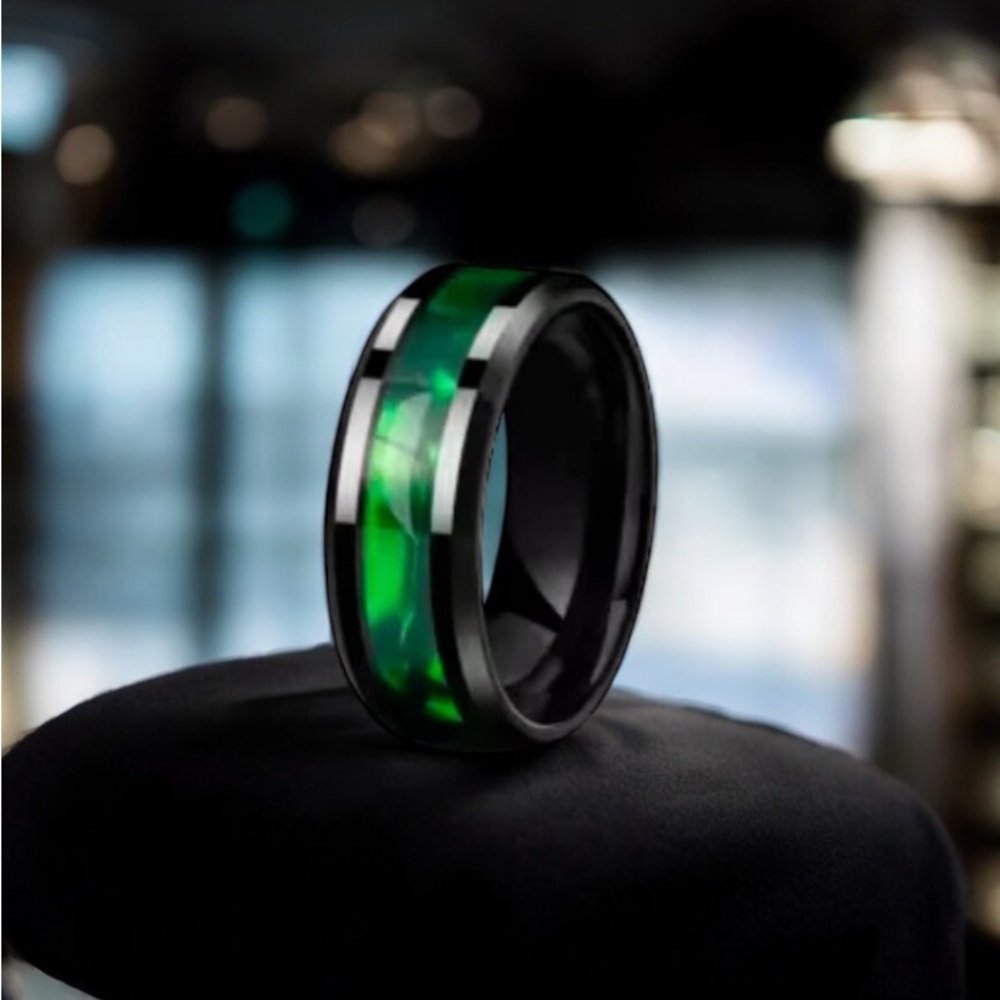 Tungsten Carbide Beveled Edge Green Inlay Ring Size 14